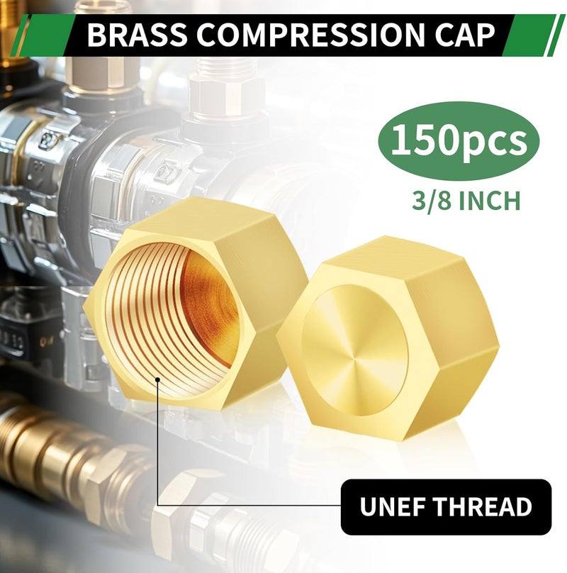 Japtend 3/8" Compression Cap, 150pcs Brass Compression Fittings Hex UNEF Thread Stop Valve Tubing Ends Sealing Caps Hose Connector for Gas Garden Water Air Line - Image 3